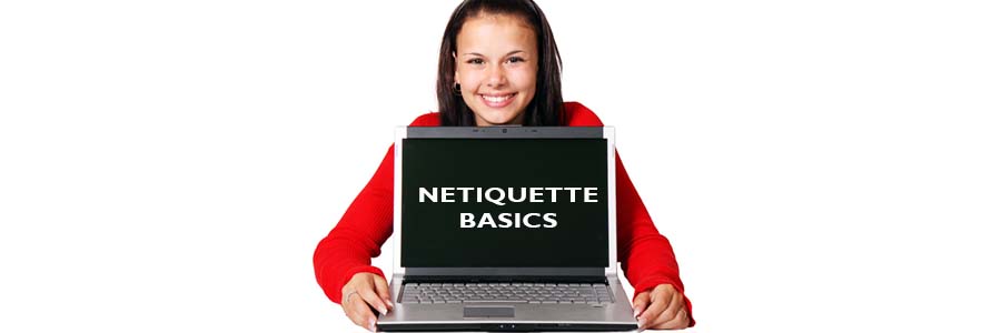 Young lady holding a laptop with "Netiquette basics" on the screen