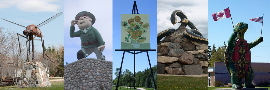 a giant mosquito, a giant explorer, a giant sunflower painting, a giant snake couple and a giant turtle sculptures