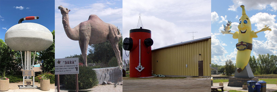 A giant curling rock, a giant camel, a giant fire hydrant and a giant happy banana sculptures.