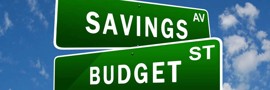 Green street signs saying "savings" and "budget"